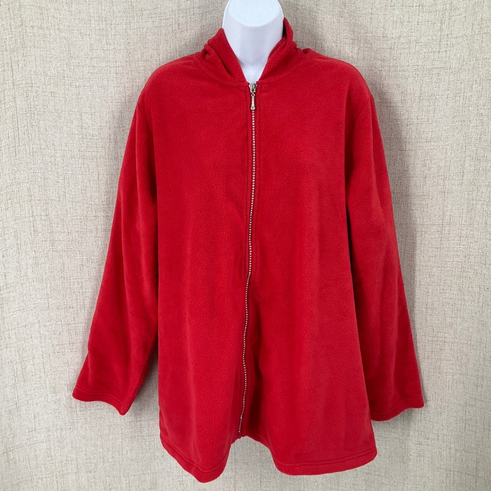 Quacker Factory Hoodie Women XL Red Rhinestone Zip Up Fleece Classic Cozy Warm